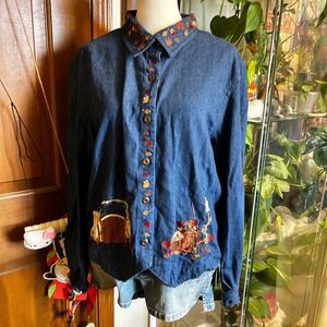 Vintage 90s Women's Embroidered Denim Button Down Shirt Fall Autumn Leaves Sz L